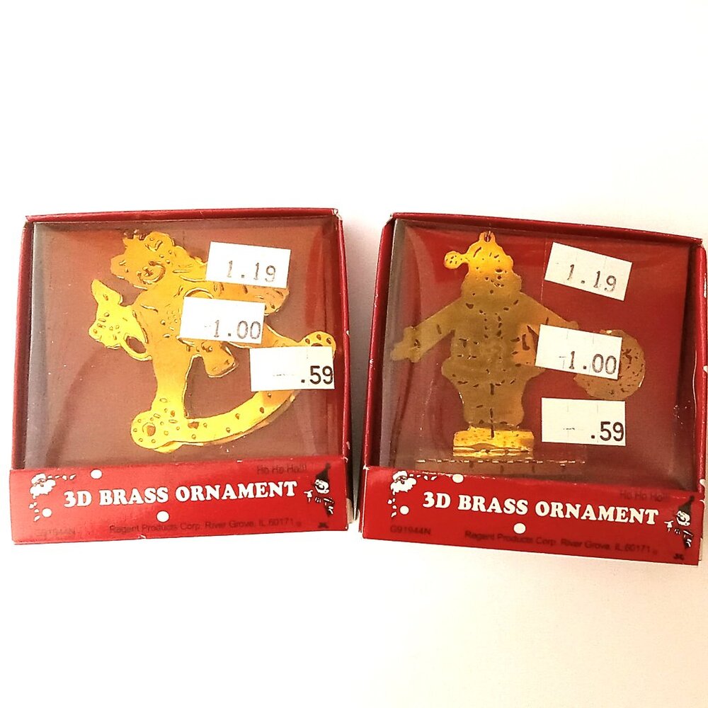 2 Vintage Christmas Die Cut 3D Brass Ornaments